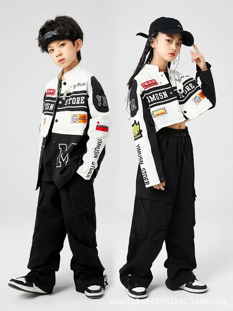 

Kids Kpop Hip Hop Showing Clothing Motocycle Baseball Coat Black Cargo Pants For Girl Boy Jazz Kpop Dance Costume Clothes Wear