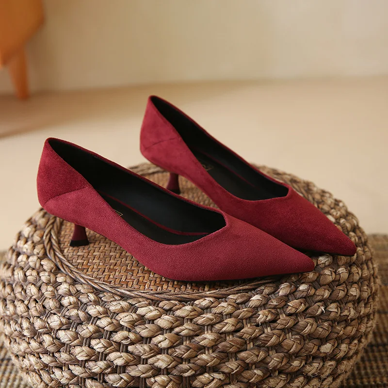 

Single shoe 2026 pointed thin single shoe new suede mid heel shallow mouth high heels women's shoes