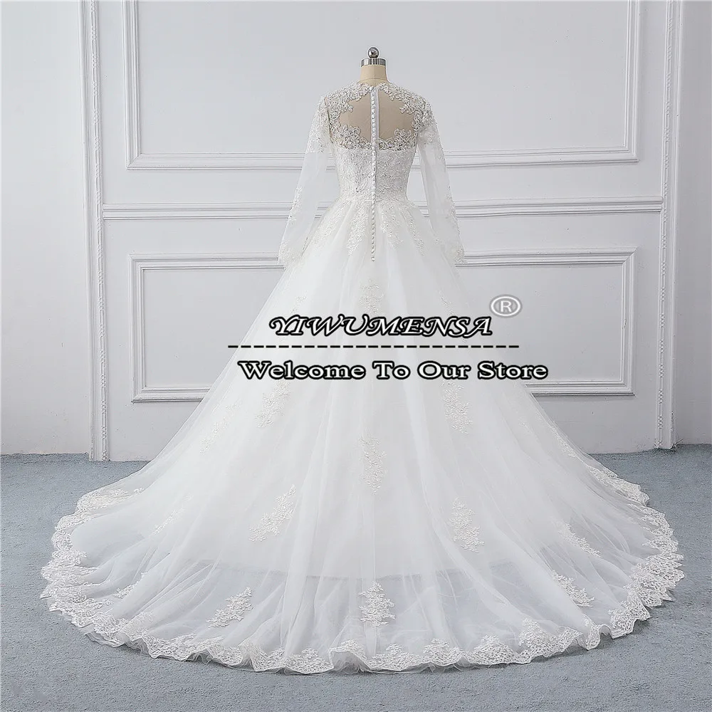 Vestidos de casamento princesa moderna para o casamento das mulheres mangas compridas o pescoço apliques marfim noiva formal a linha vestidos feitos sob encomenda novo