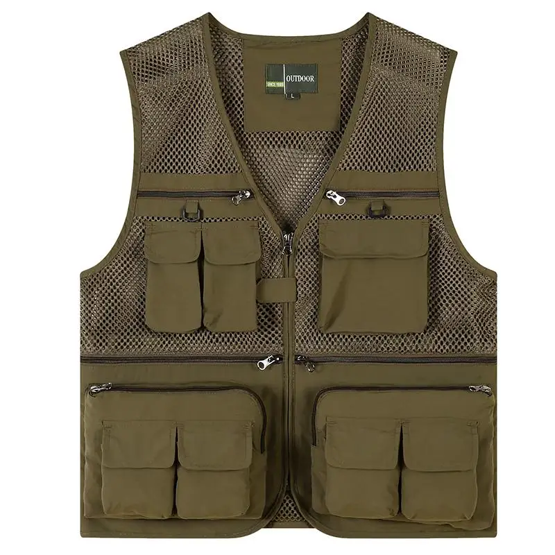 Outdoor Men's Multi Pocket Fishing Jacket Camping Sleeveless Vest Quickly Grid Photography Multi-Function Tactical Mesh Top