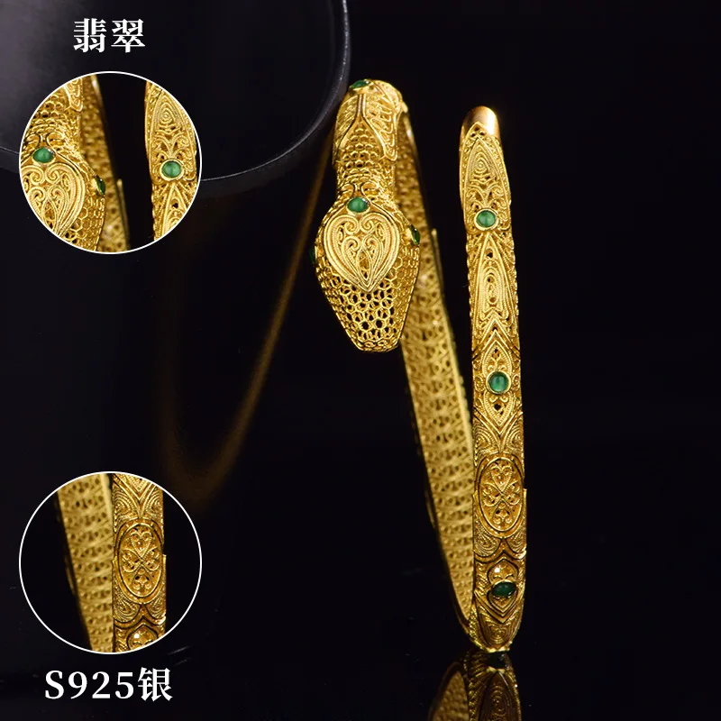 S925 Silver Inlaid Natural Jade Filigree Bracelet Vintage Women'S Jewelry