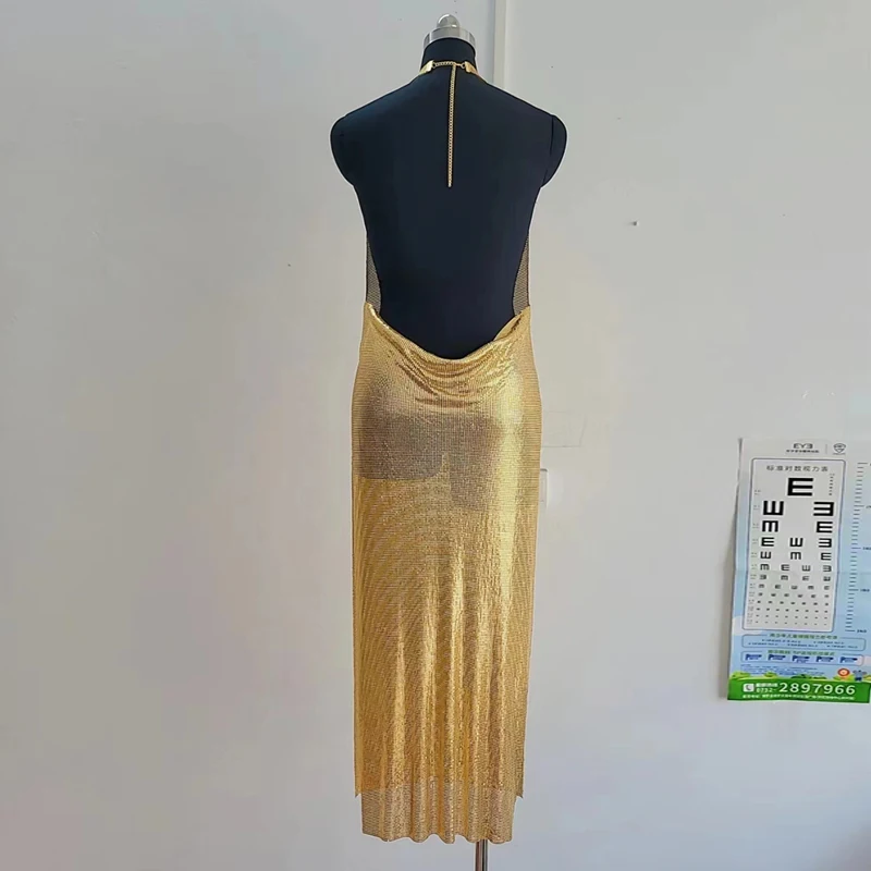 Damen Sexy Glänzendes Gold-Pailletten-Neckholder-Kleid Rückenfreies Bodycon Midikleid Nachtclub Party Abend Cocktailkleider Vestidos Mujer – Detail 8