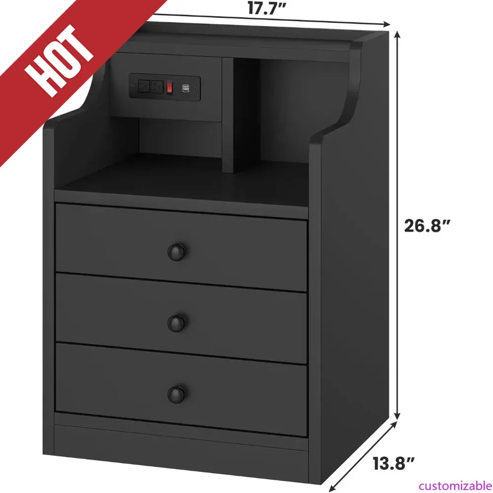 Customizable-Black Nightstand With Charging Station 3 Drawers, Wood Sofa End Side Table With USB Ports And Outlet, Bedside Table