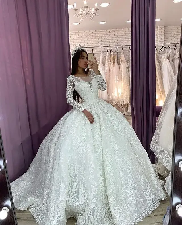 

Customized Vintage Latest Lace Wedding Dresses Sexy Backless Illusion Long Sleeves Ballgown Country Bridal Gown