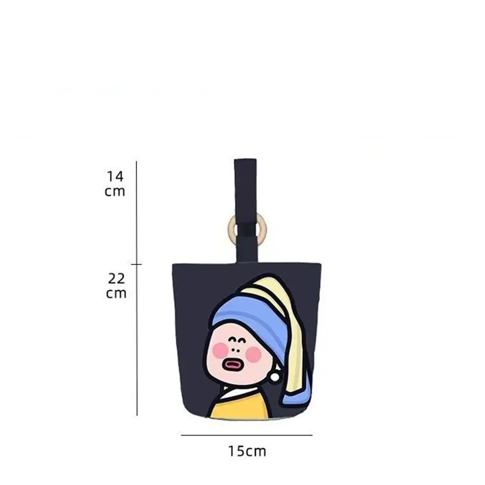 Women Handbag Lovely Cartoon Bucket Bags Portable Cylinder Bag Canva Tote Pouch Students Carry Lunch Bags for Girls