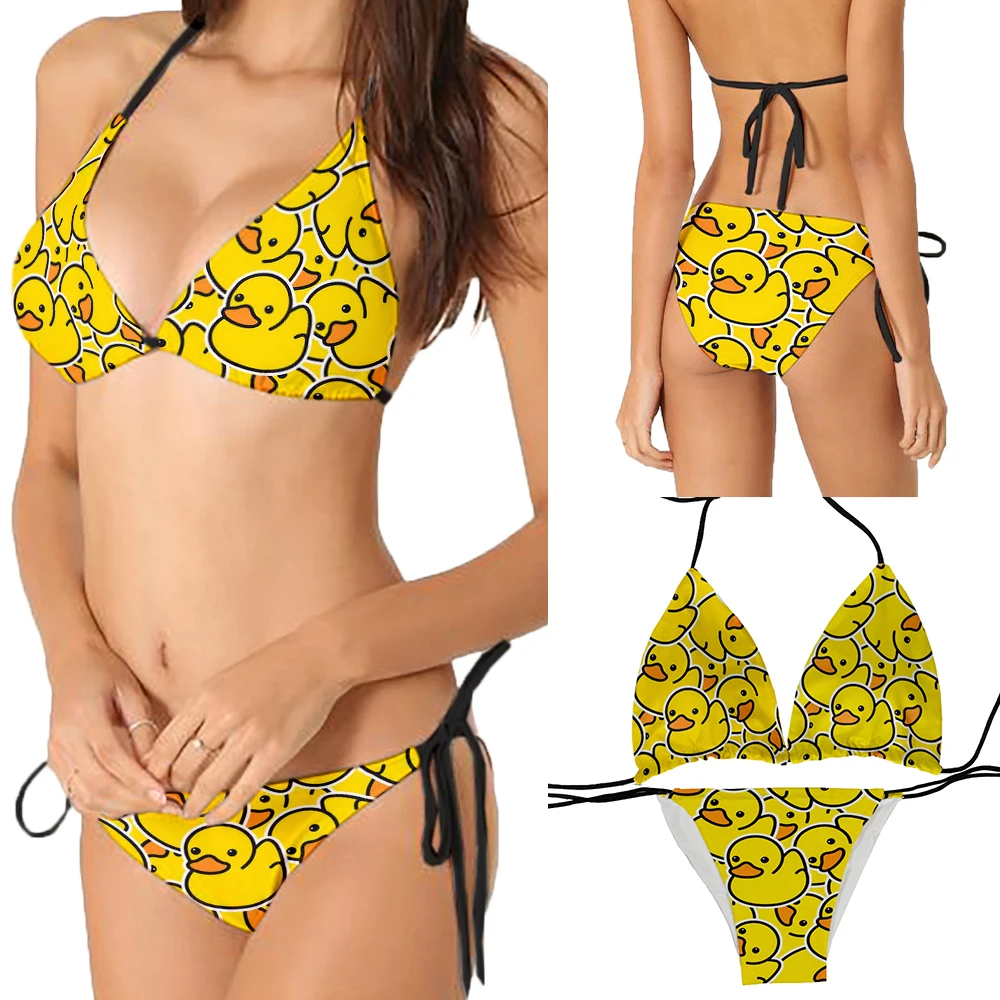 

Hot selling yellow swimsuit 3D printing cartoon duckling skull pattern split bikini summer vacation swimming sea surfing