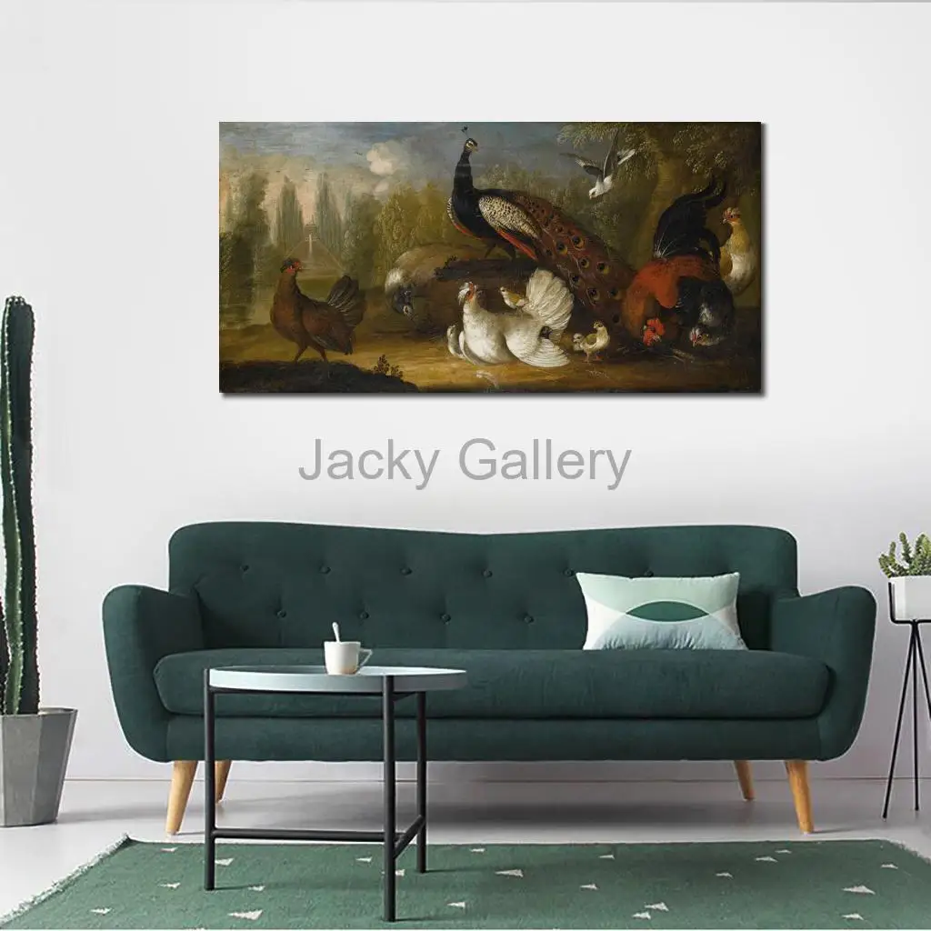 Hand Painted Classical Landscape Oil Painting Peacock Peahen with Cockerel Jakob Bogdany Animal Canvas Art for Dining Room Decor