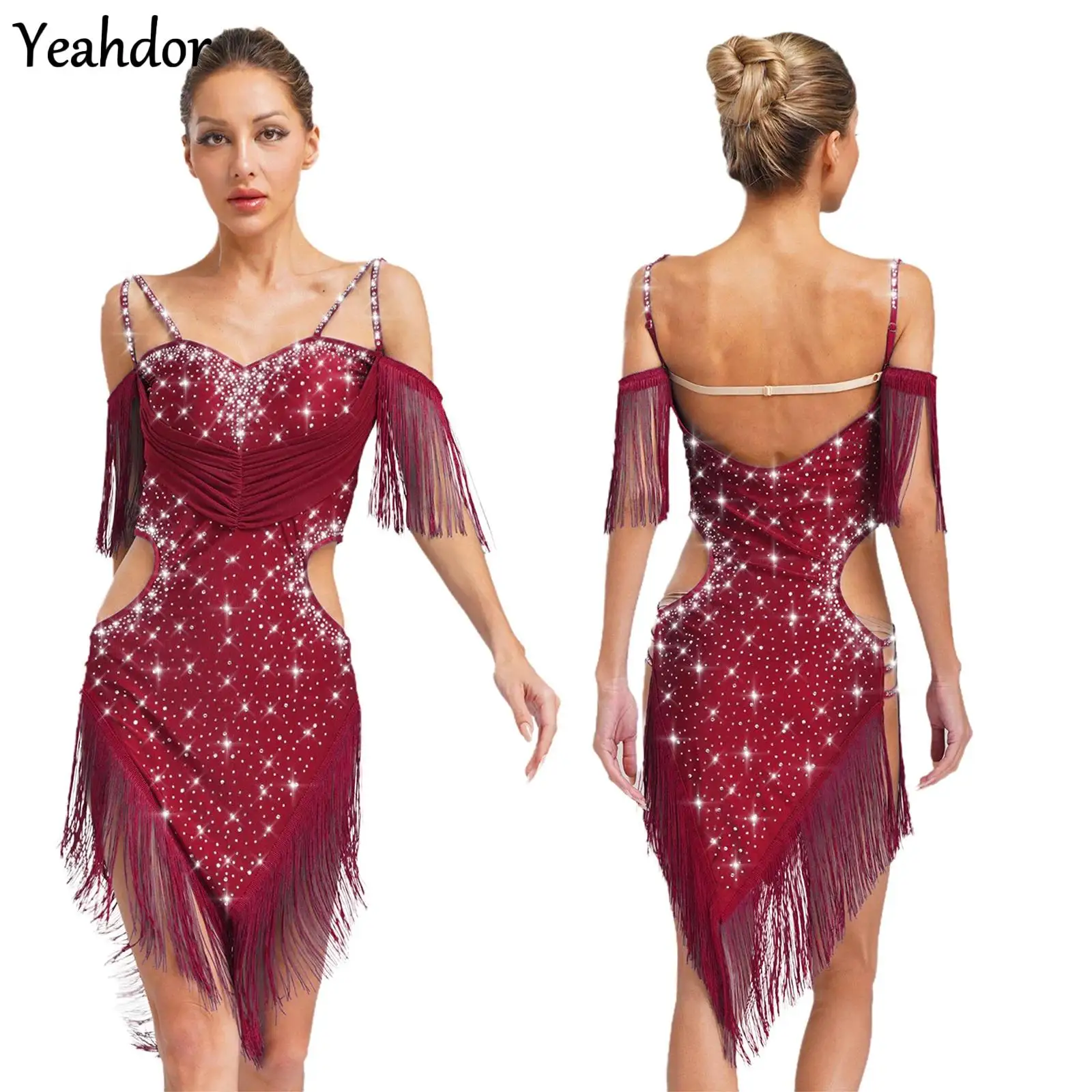 Women Tassel Latin Dance Dress Cha-Cha Tango Salsa Ballroom Dance Costume Cutout Back Fringed Rhinestones Skating Performance