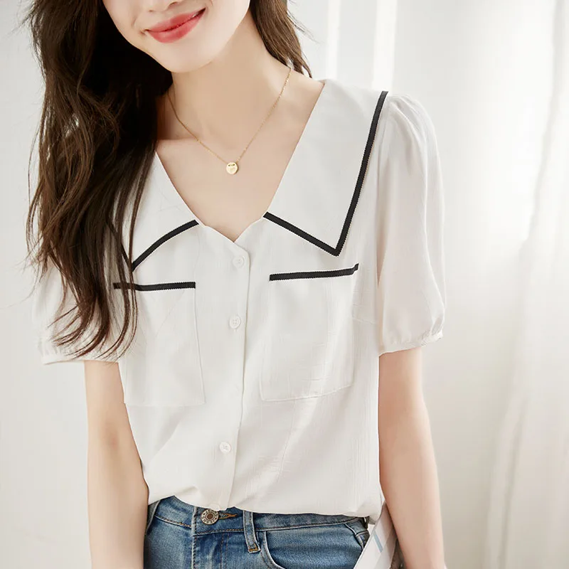 Summer New Short Sleeve Turn Down Collar Women Shirt Office Lady Shirt Blouse Women Tops Blusas Mujer De Moda 2024 Verano A504