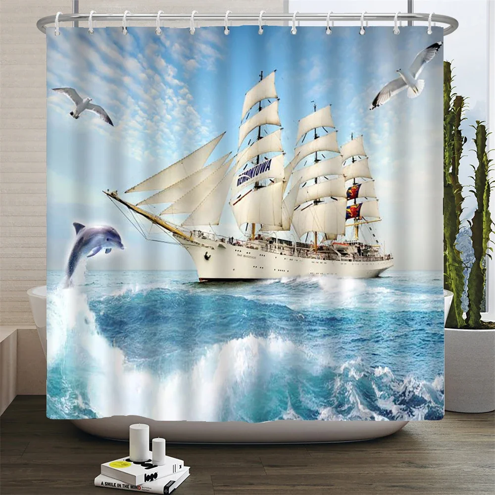 Sailboat Waterproof Bathroom Shower Curtains Sea Navigation Bath Curtains 3d Printing With Hooks 180*180cm Washable Cloth