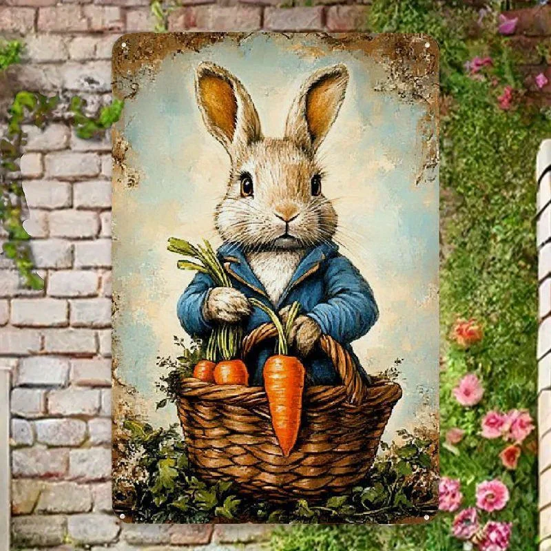 2026 8x12 Inch Vintage Blue Overalls Bunny Iron Sign - Carrot Basket Design, Spring Kitchen Outdoor Decor