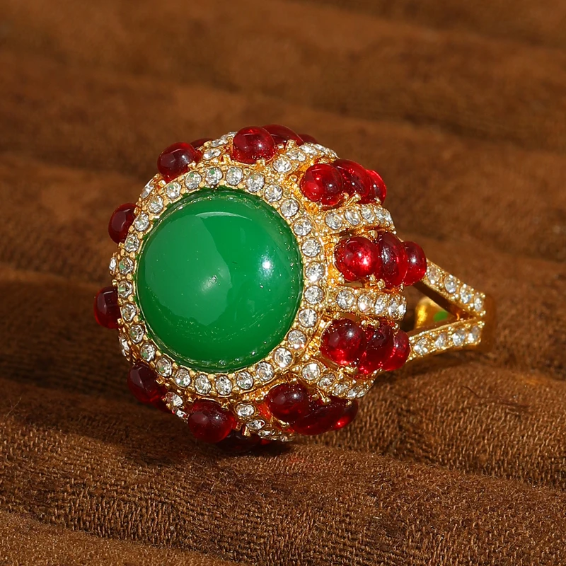 

Vintage Agate Red Ring Green Glass Natural Stone For Woman Flower Christmas Cocltail Party Accessories Luxury Quality Jewelry