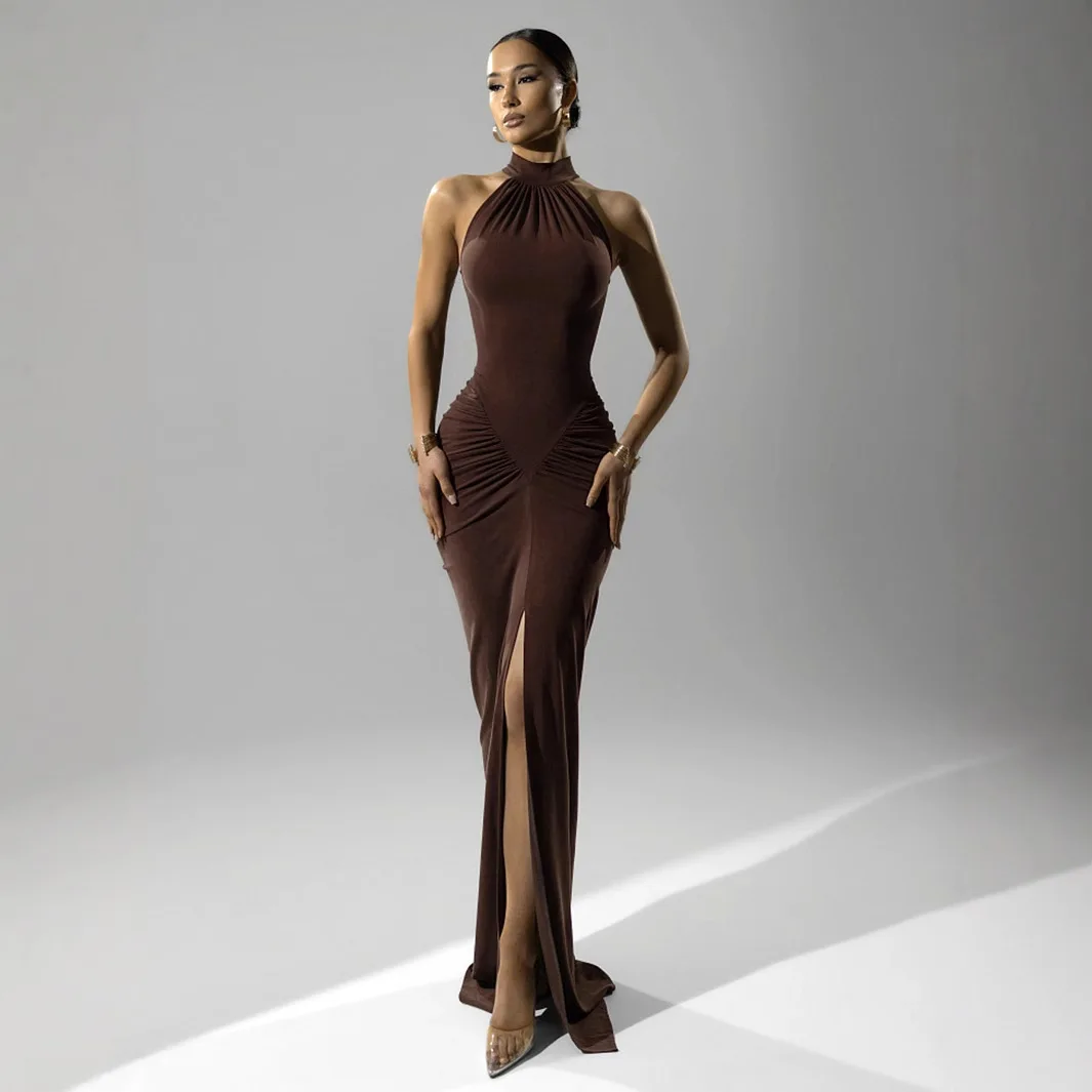 

2025 Women Solid Sleeveless Ruched Skinny Long Dress Bodycon Elegant Sexy Party Slim Dress Evening Prom Halter Pleated Clothes