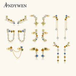 ANDYWEN 925 Sterling Silver Gold Rainbow Pave Chain Drop Earring Piercing Pendientes Wedding CZ 2023 Wedding Jewels Clips