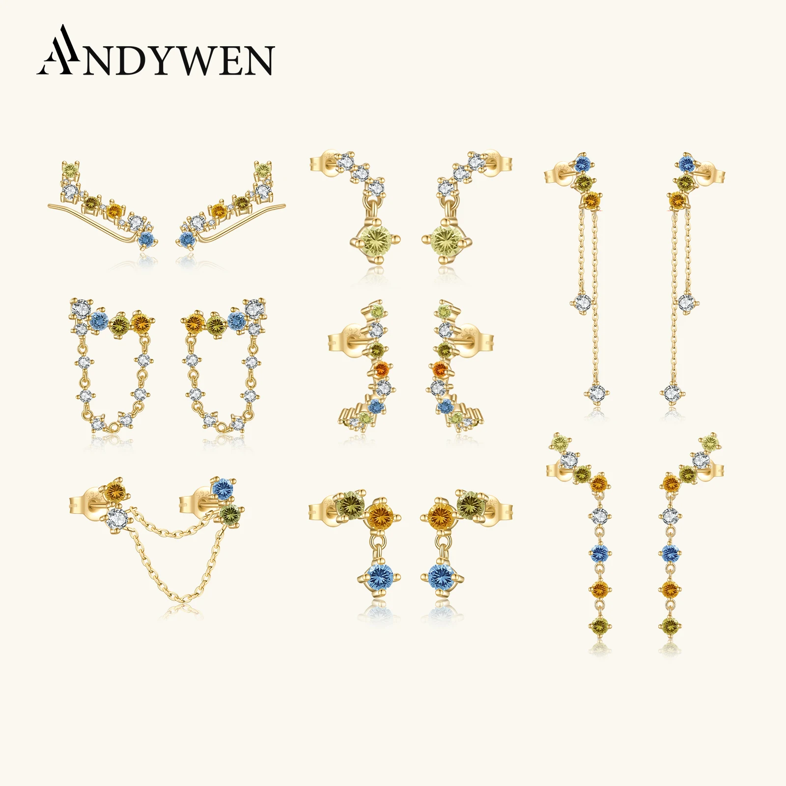 ANDYWEN 925 Sterling Silver Gold Rainbow Pave Chain Drop Earring Piercing Pendientes Wedding CZ 2023 Wedding Jewels Clips