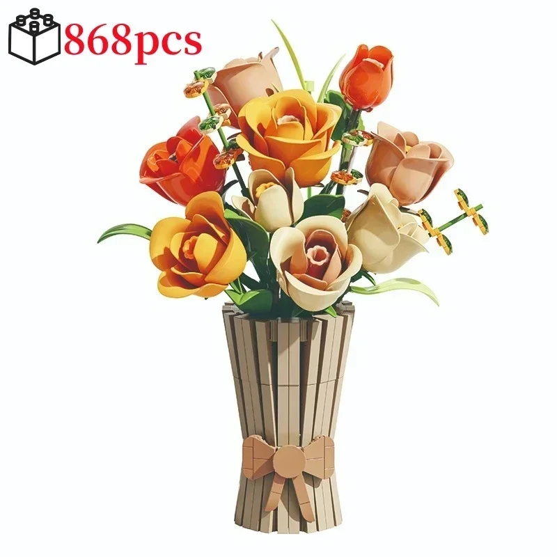 

Creative Technical Assembly Bricks MOC Rose Flower Bouquet Building Set DIY Home Decoration Model Kit Educational Gift for Kids