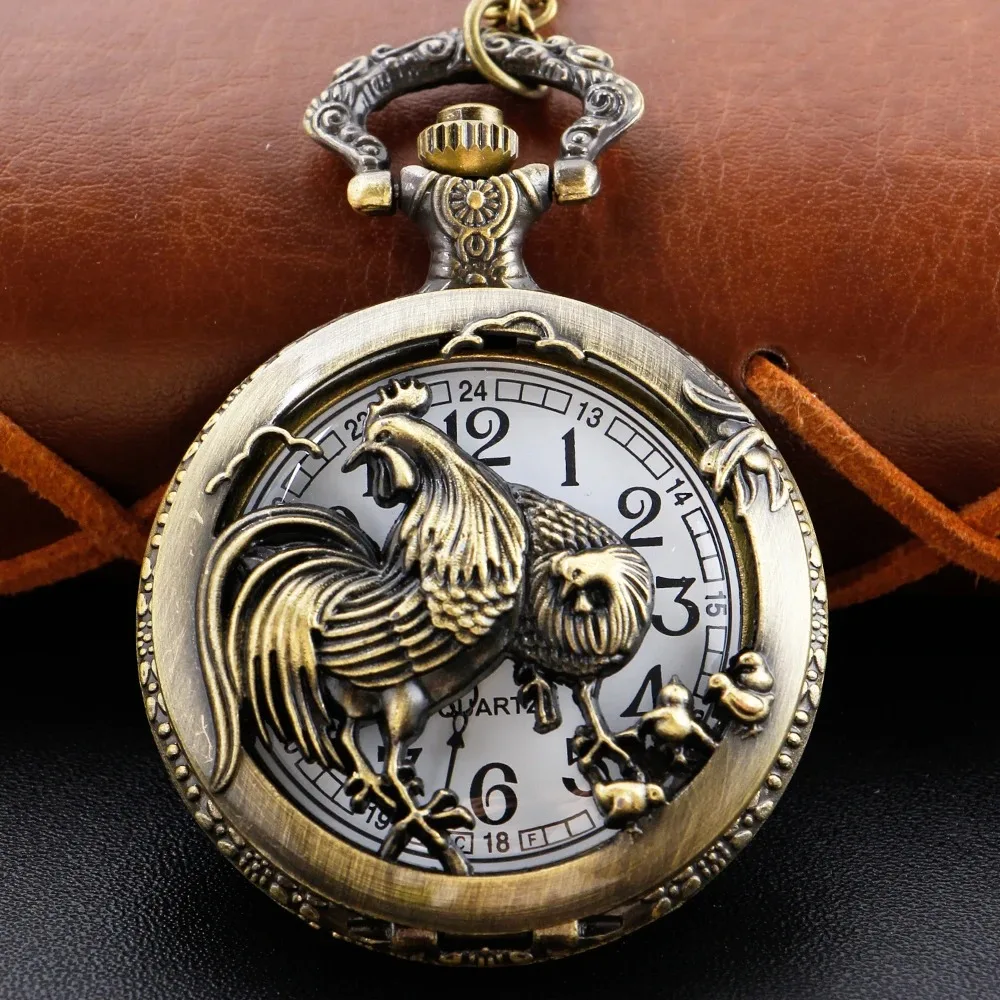 Hollow Animal Series Chicken Family Quartz Pocket Watch Vintage Dial with Chain Necklace Pendant Jewelry Clock Festival Gifts