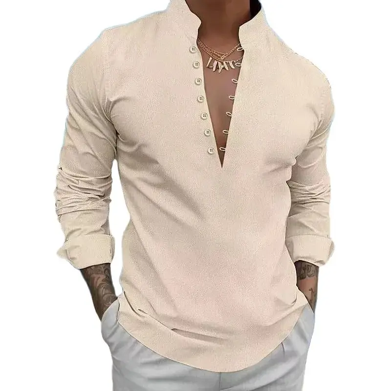 Spring And Autumn Men's Shirts Casual And Comfortable Daily Wear Outdoor Travel Stand Collar Cotton Linen Long-Sleeved Tops