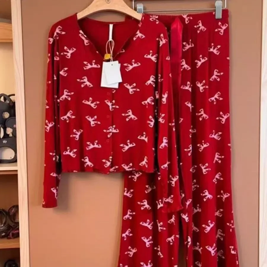 ربيع الخريف المرأة فراشة عقدة الخامس الرقبة المفتوحة سترة طويلة الأكمام السراويل الطويلة الحرير الجليد ملابس المنزل مجموعة عصرية