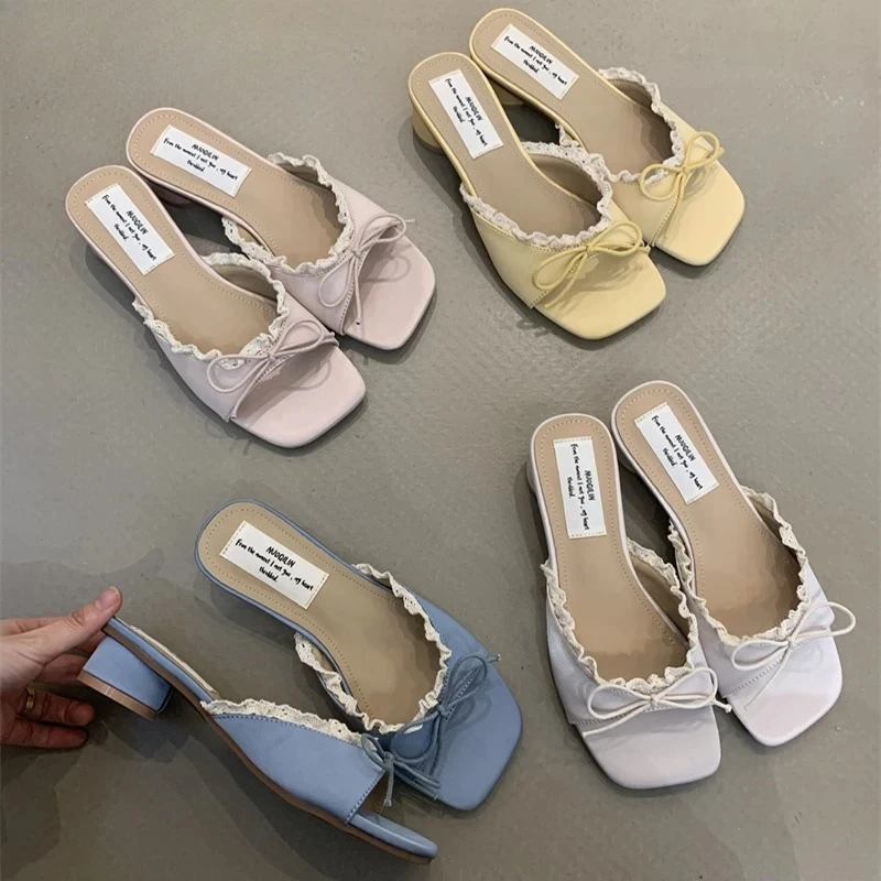 

Slippers for Women Butterfly-knot Lace Women Slippers Designer Thick Low Heel Dress Street Casual Women's Shoes Sandalias Mujer