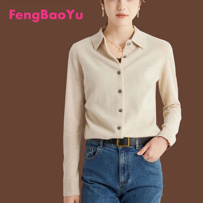 

Fengbaoyu Autumn and Winter Ladies 100% Cashmere Sweater POLO Collar Shirt Long Sleeve Sweater Knitted Top Elegant Temperament