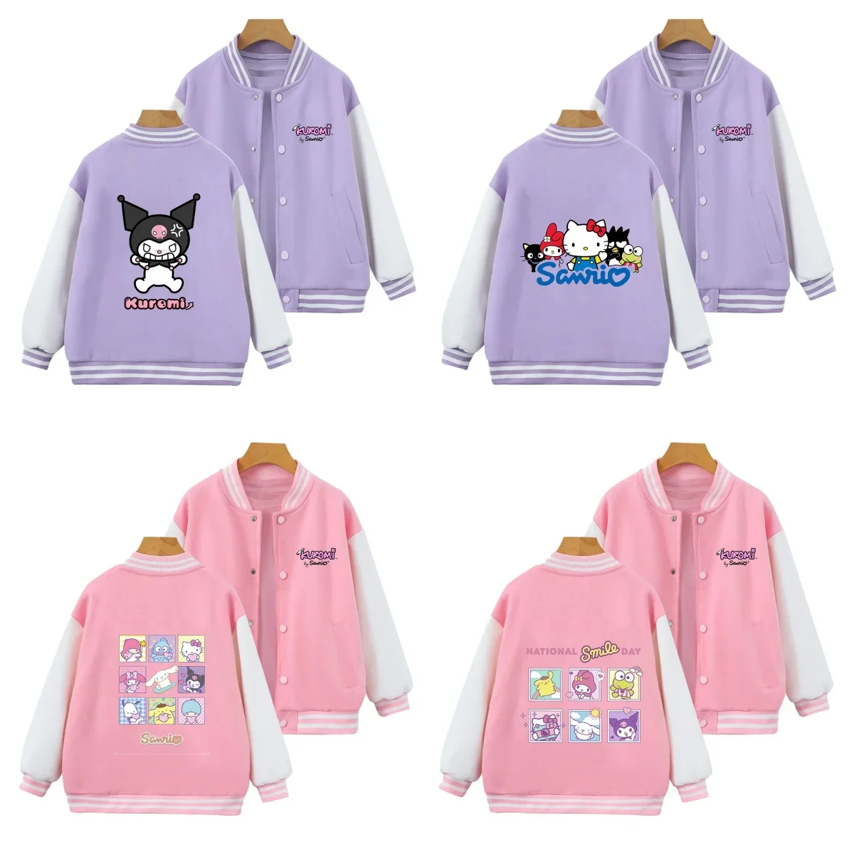 

Sanrio Cute Cartoon Spring Autumn Kawaii Anime Kuromi My Melody Baseball Jersey Kids Tops Casual Outer Jacket Birthday Gift