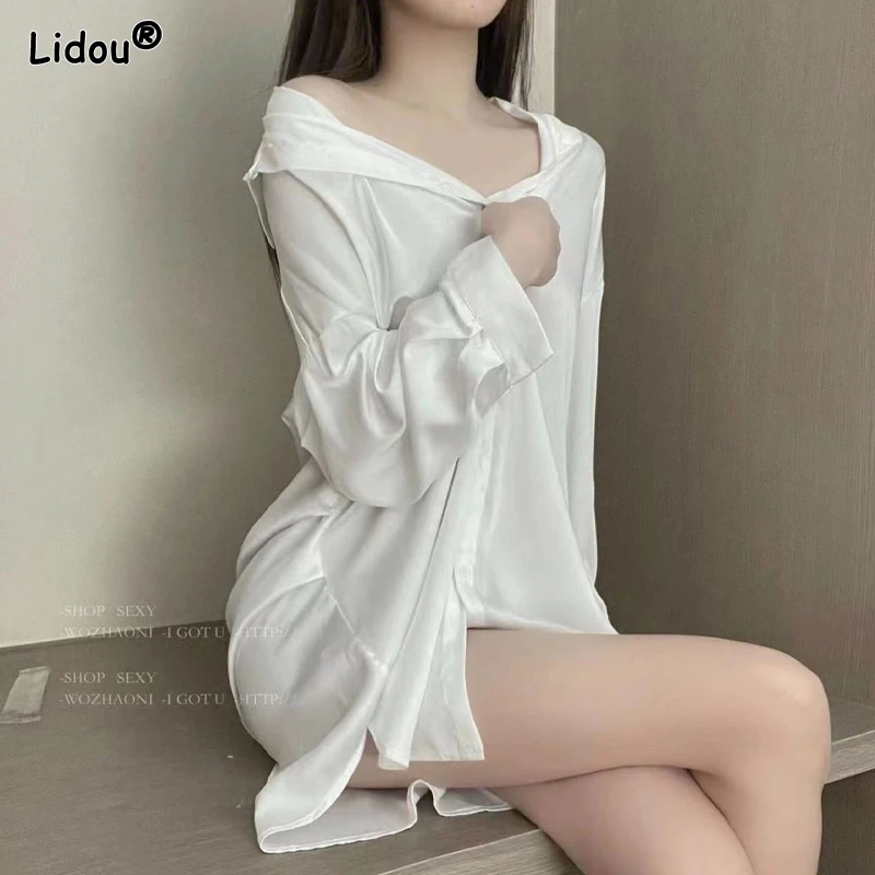 2023 New Women\'s Clothing Solid Color Premium Turn-down Collar Temperament Button Loose Elegant Fashion Mini Skirts Sexy Dresses