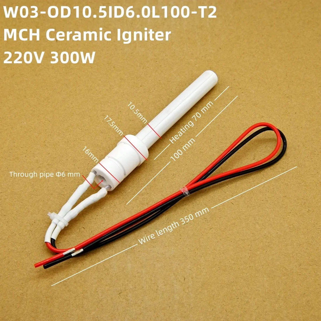1PCS 220V Ceramic Igniter Ceramic Heating Tubespark plug for pellet stove10.5*6*100mm  300W pellet stove ignitor black