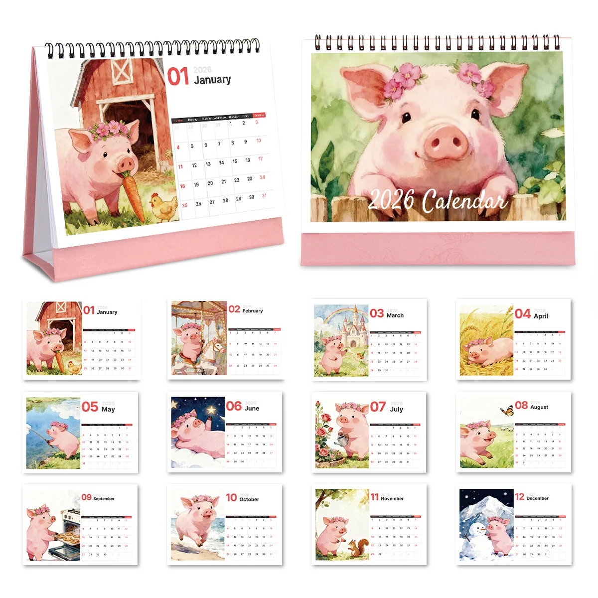 1PC Cute Watercolor Pig-Themed Desktop Calendar for Home & Office Use Suitable for Animal Lovers Ideal 2026 New Year Present