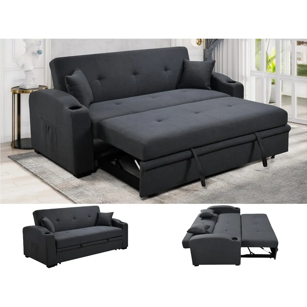 75'' Convertible Queen Size Sleeper Sofa Bed with Cup Holders, Modern Linen Loveseat Sofa Couch with Pull Out Bed and Adjustable