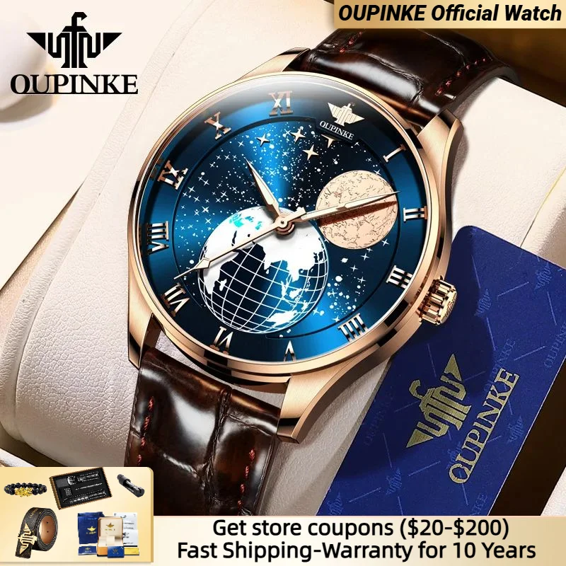 

OUPINKE Luxury Men's Mechanical Watch Star Moon Phase Sapphire Waterproof Luminous Leather Business Men Automatic Wirstwatches