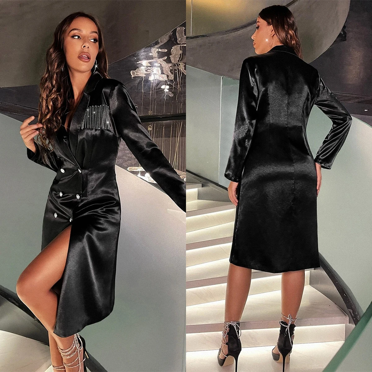 Chaqueta de manga larga con doble botonadura y borlas para mujer, chaqueta de color negro con doble botonadura, vestidos brillantes informales hechos a medida, 1 pieza