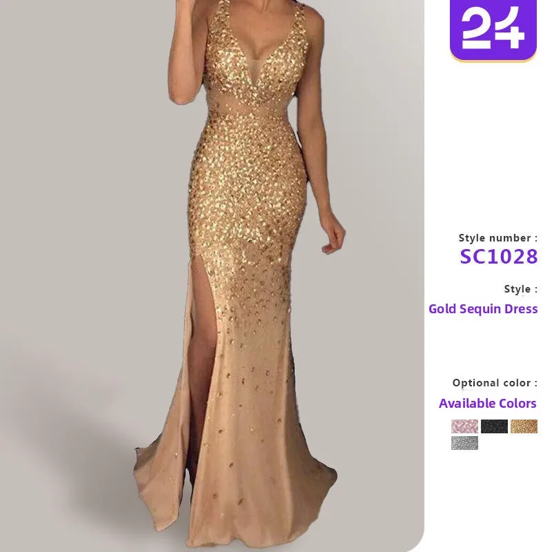 

Длинное платье V-Ne с разрезом, золотистое свадебное платье, женская одежда, 2021, модное платье с драпировкой и застежкой-молнией до середины талии