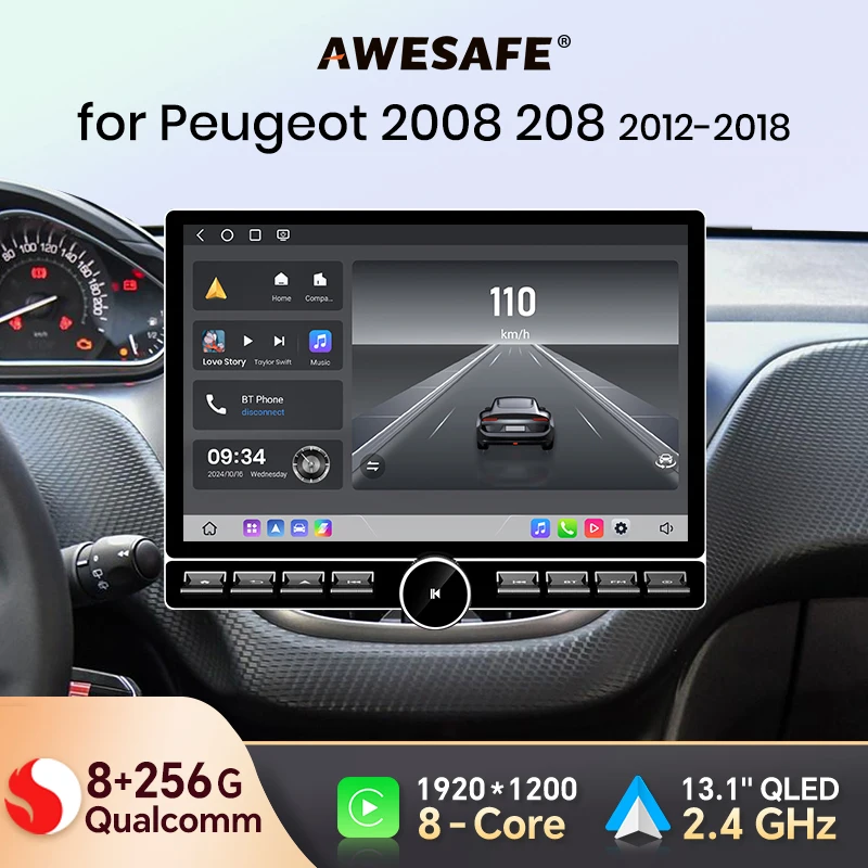 AWESAFE 13.1'' Qualcomm CarPlay Android Auto Radio for Peugeot 2008 208 2012 - 2018 Intelligent Systems QLED Screen