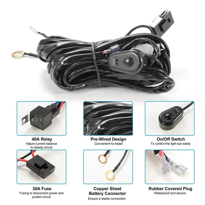 A65P-Wiring Harness Kit For Light Fuse On-Off Switch 12V 40A Relay 180 W/ 300W For 4-52 Inch Led Work Light Bar