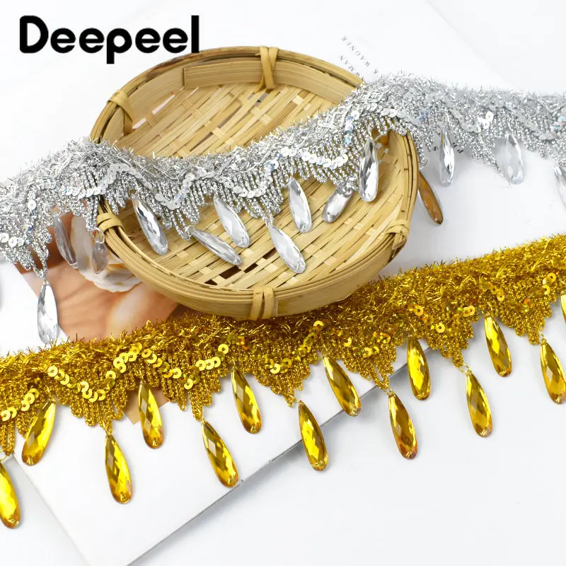 1/2/5Meters 7cm Gold Silver Sequins Tassel Lace Trim Diamond Pendant Fringe Ribbon Stage Clothes Dance Dress Sewing Accessories