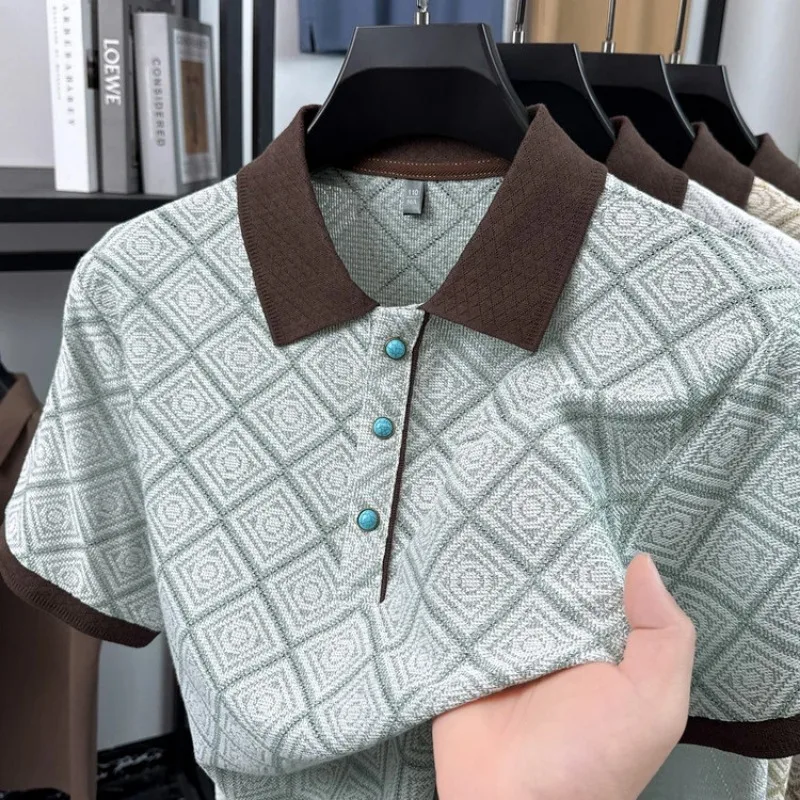 

Men's Contrast Collar Rhombus Print Short Sleeve Polo Shirt Business Casual Tops For Father Summer