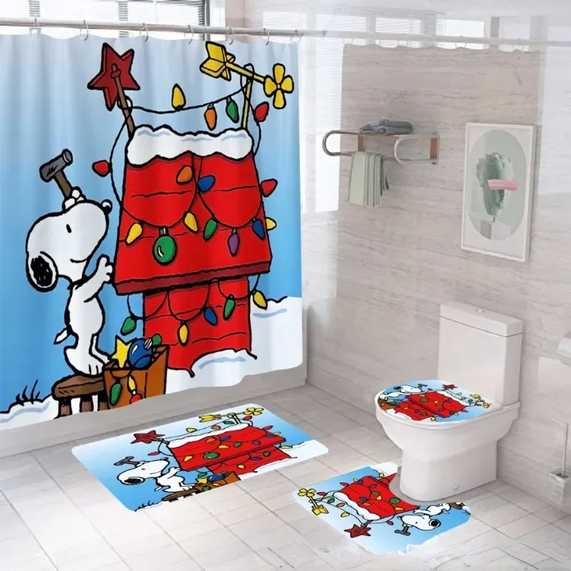 Snoopy Shower Curtain Printing Anime Waterproof Mildewproof Shower Curtain Set of Four Bath Creative Personality Shower Curtains