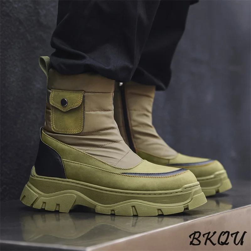 

BKQU Men's High Top Warm Fleece Snow Boots 2025 Winter New Design Thickened and Warm Friendly Boots with Thick Soles