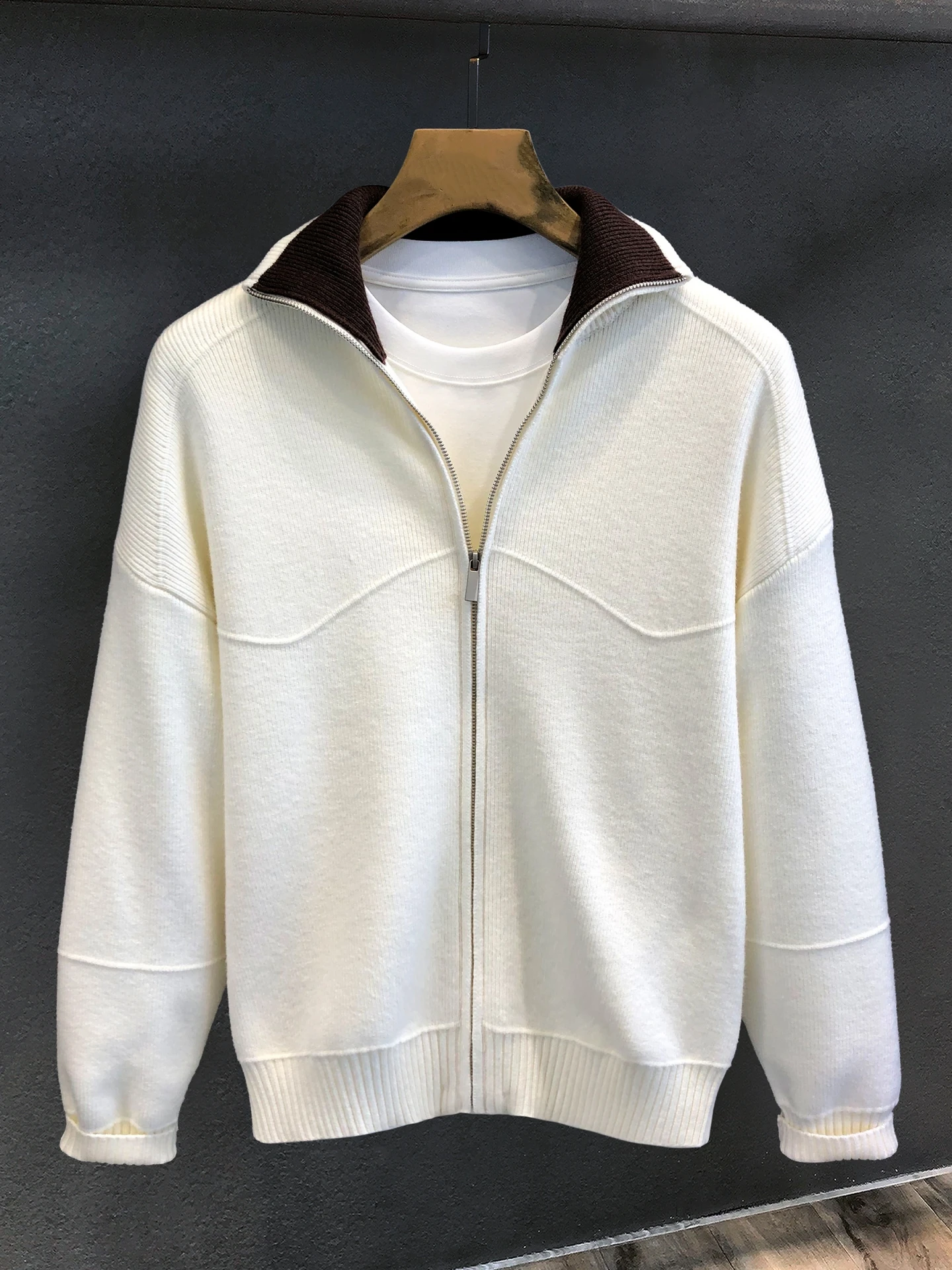 

Мужской вязаный свитер-куртка на молнии, повседневный, осенне-зимний, с контрастными вставками, отложным воротником, удобный, дышащий