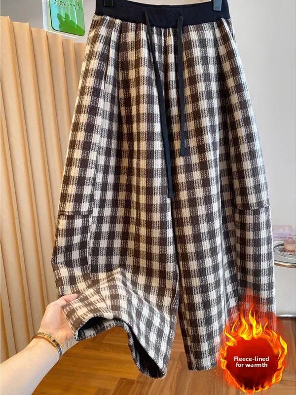 Szerokie wełniane spodnie Thiened Fce z wysokim stanem, prosty krój, codzienne spodnie, modne, plus size, damskie, zimowe, luźny krój.