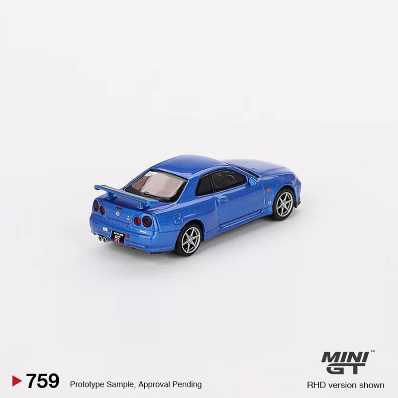 MINIGT 1:64 Jouet Modèle Voiture Skyline GT-R (R34) V-Spec Alliage Moulé Sous Pression Véhicule Bayside Bleu #759 Affichage Collection Cadeaux