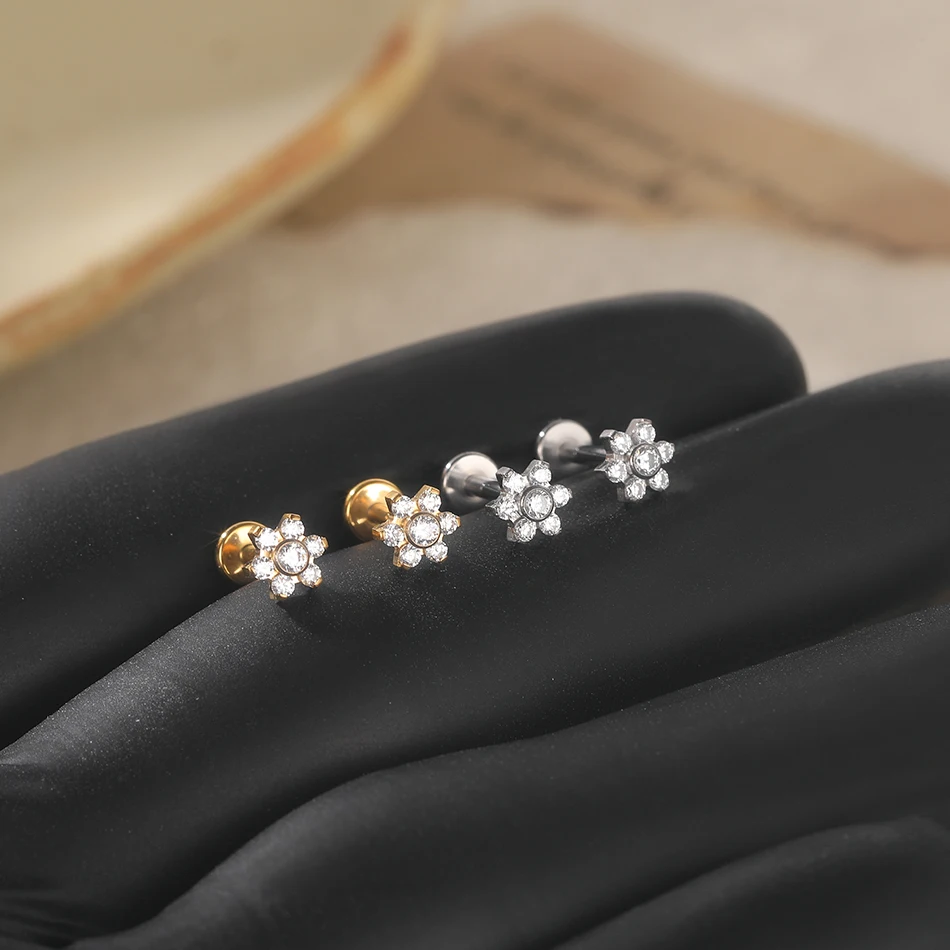 1PC Titanium Zircon Star Flower Labret Piercing for Women Cartilage Tragus Daith Helix Stud Earring Body Jewelry view 5