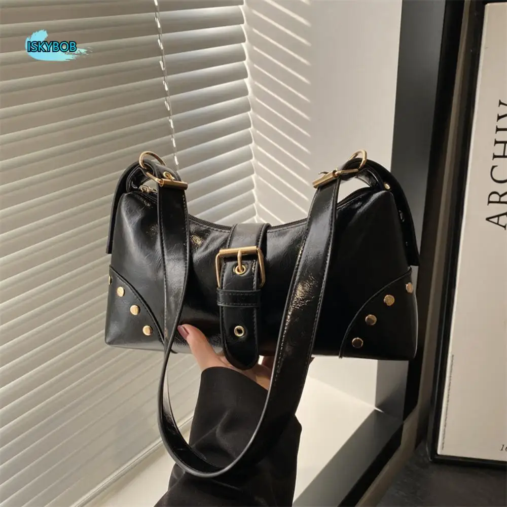 

New Designer Buckle Armpit Bag Vintage Gothic Rivet Shoulder Bag Pu Leather Y2k Spicy Girl Handbag Female