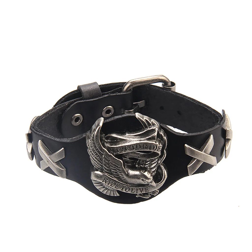 Herren Echtleder-Armband Punk Biker Adler Zinklegierung Armband Vintage Handgefertigt Verstellbare Schnalle Männlicher Motorrad-Schmuck – Detail 11