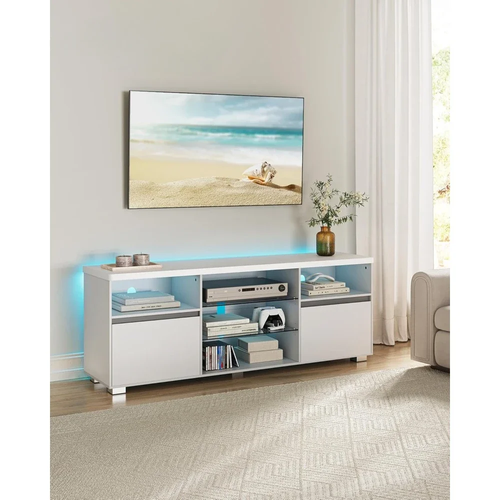 

TV Stand with LED Lights for TVs up to 70 Inch, Entertainment Center with Open Glass Shelves, 2 Cabinets w/Doors, 63-Inch Long
