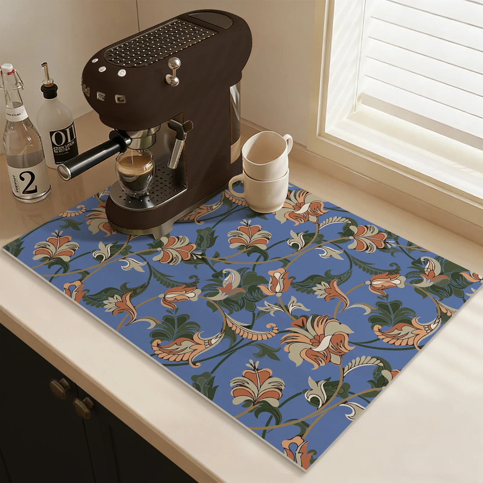 Pvc Blue Floral Dish Drying Mat Cute Super Absorbent Dish Drying Pad Coffee Mat Kitchen Mat