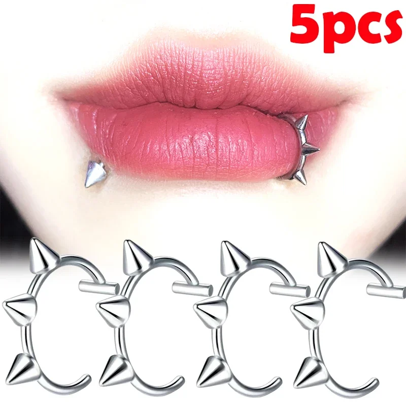 5/1pcs Punk Nose Ring Stainless Steel C Shaped Fake Lip Ring Rivet Clip on Non Body Piercing Hoop Ring for Women Men Non-Pierced