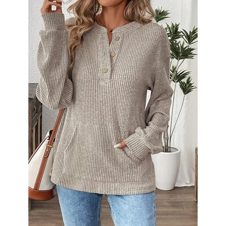 Elegant Women's Knit Top Casual Loose Fit Cotton Blend Top V Neck Long Sleeve Oversized Top Button Detail Chic T-Shirt