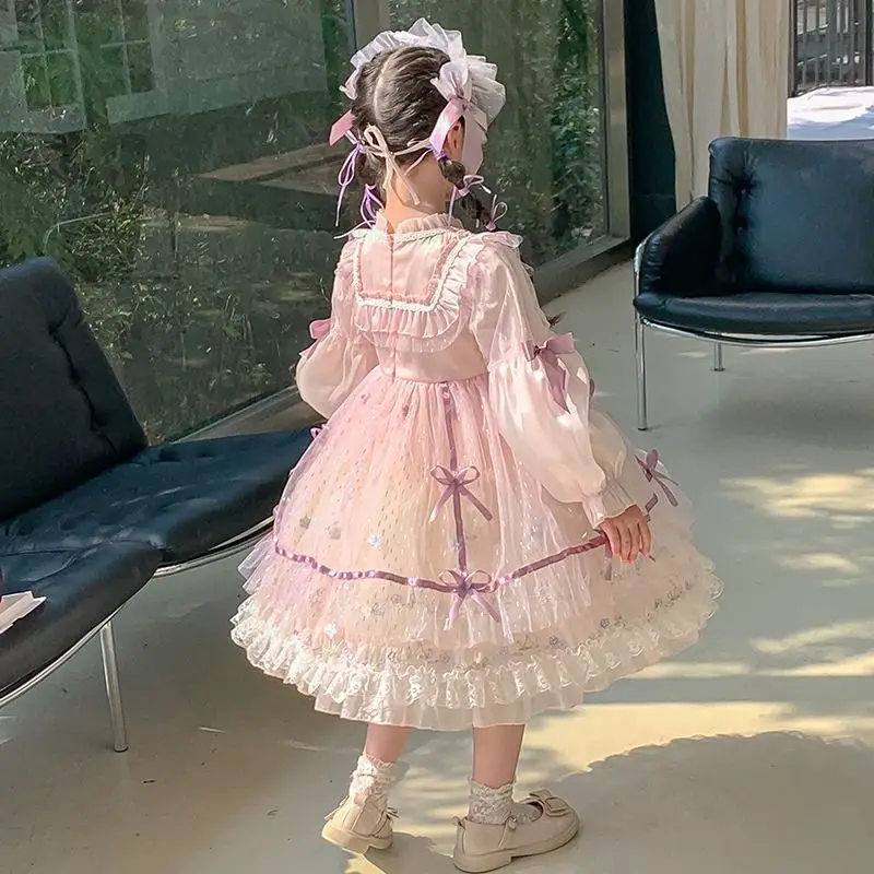 2024 New Lolita Girls Party Dress Summer Pink Elegant Princess Dress Kids Bow Lace Birthday Party Tulle Ball Gown Clothes 3-10Y